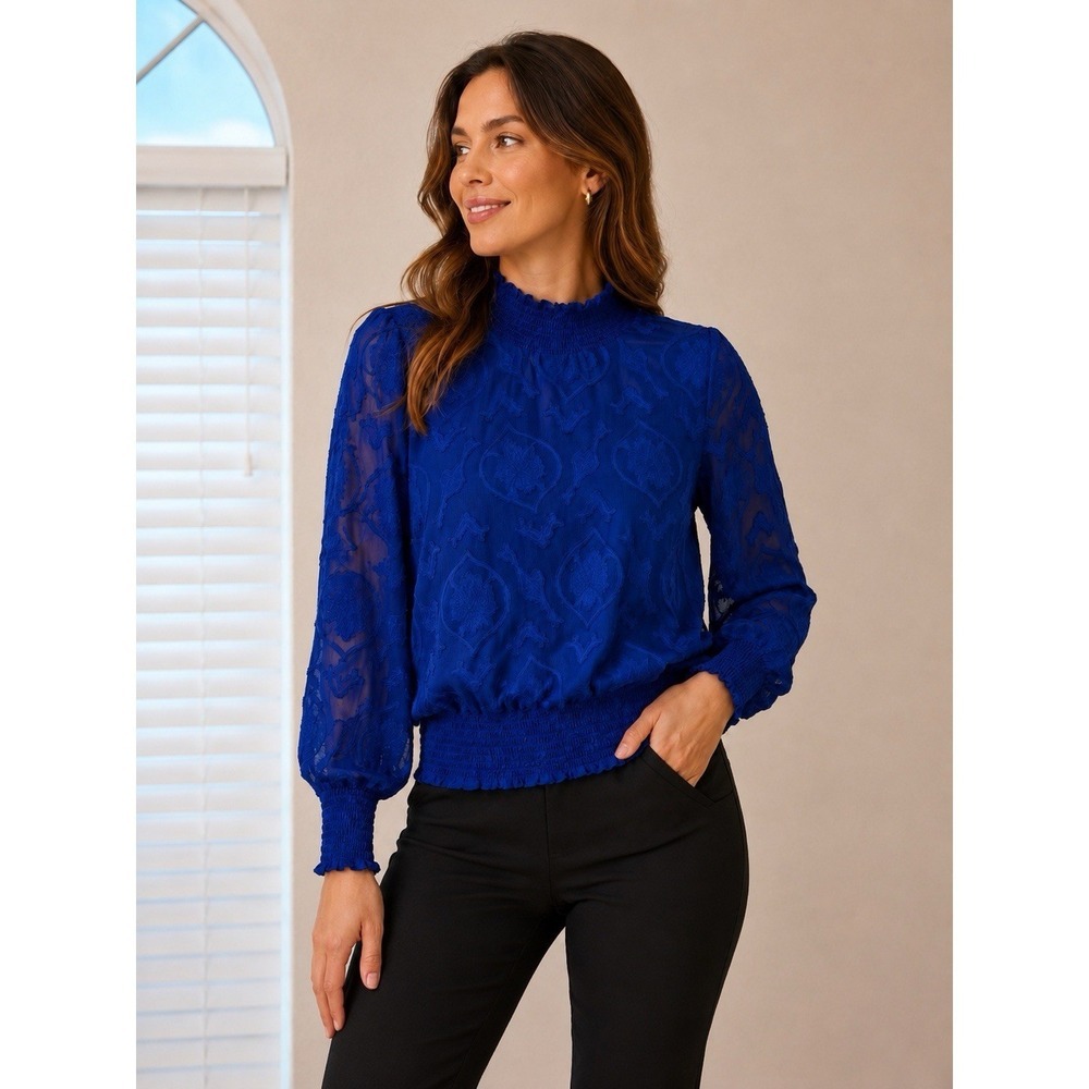 Solitaire XL Royal Blue Textured Sheer Blouse Smocked Mock Neck Long Sleeve